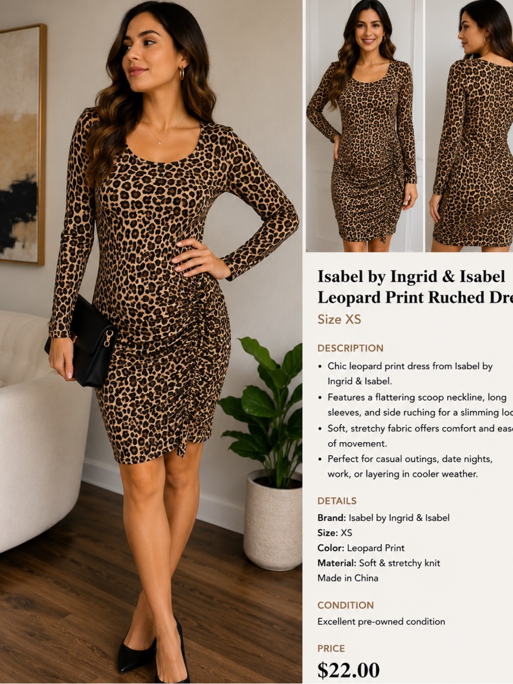 Leopard Print Ruched Long Sleeve Dress - Brown
